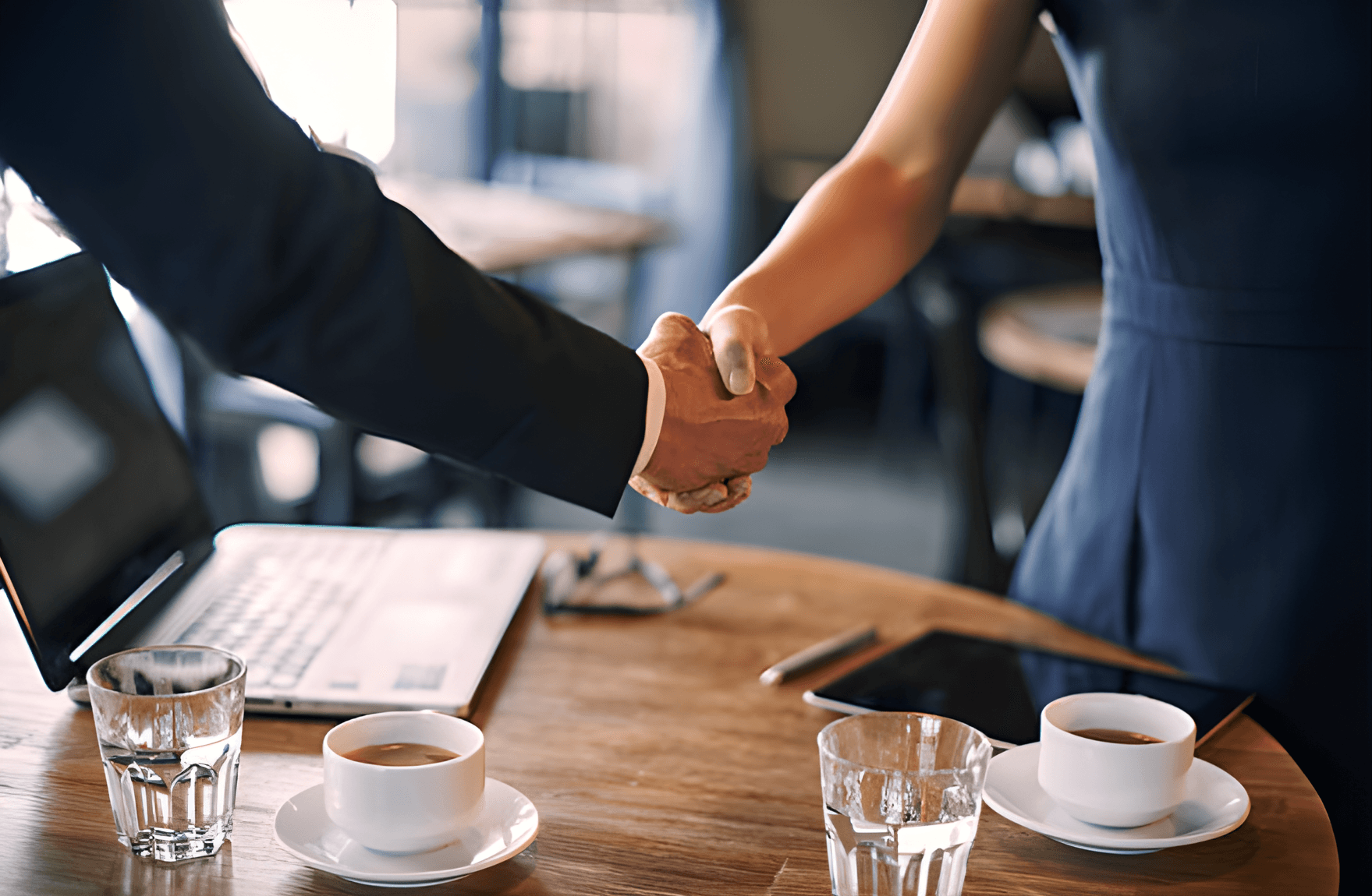 Diverse business professionals shaking hands and networking